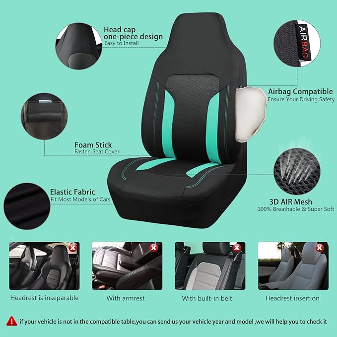 CAR PASS Bucket Car Seat Cover, Breathable 3D Air Mesh-100% Sporty Fabric Front Seats, Airbag Compatible, Universal Fit Automotive SUV Truck Sedan Vans Women, High Back Two Front 2 Piece, Black Mint