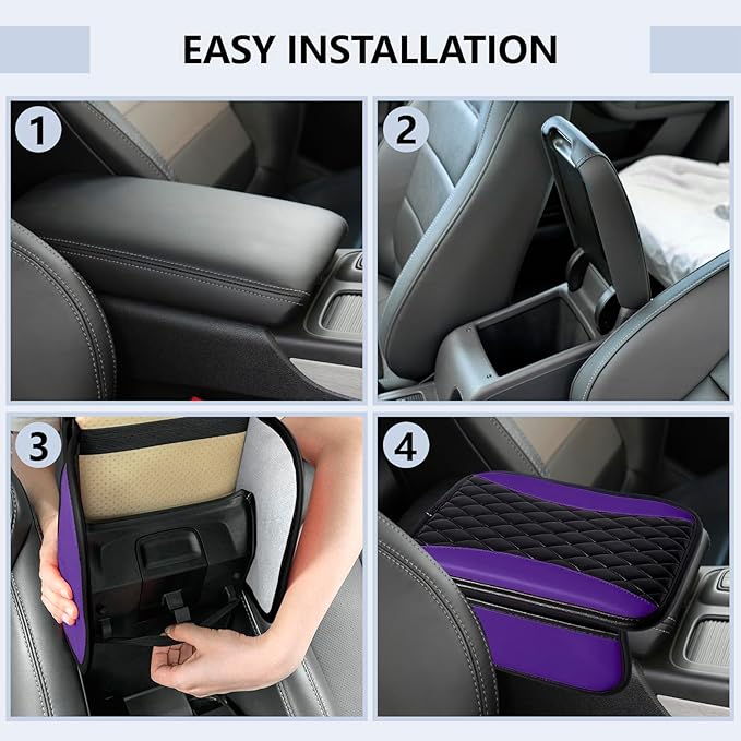 Leather Car Center Console Cover,Upgraded Center Console Cushion Pad with Side Pockets,Patchwork Arm Rest Cover for Car,Waterproof Armrest Seat Box Covers,Universal for Most Vehicles (Purple)