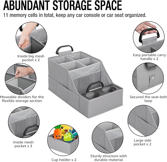 MULISOFT Car Seat Organizer- Backseat Car Organizer with 12 Storages Compartments and 2 Cup Holders, Organizers and Storage, Front Seat for Travel Kids,Pure Gray