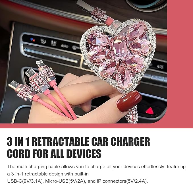 Multi Charging Cable, 3 in 1 Multi Charger Cable with Type-C/Lightning/Micro USB Connectors, Rhinestone Retractable Car Charger Cord, Universal for Most Phones, Tablets (Pink)