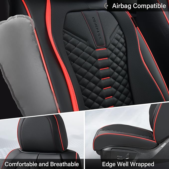Coverado Car Seat Covers, Front Seat Cover, Waterproof Nappa Leather Seat Covers for Cars, 2 Pack Car Seat Protectors, Driver Seat Cover, Automotive Seat Covers Universal Fit for Most Cars, Black&Red