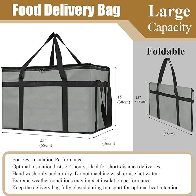 PEASUG Insulated Bags for Food Delivery, XXXL Pizza Delivery Bags, Large Capacity Cooler Bag Keep Food Warm for Grocery Shopping and Catering, Foldable, Heavy-Duty (Black)