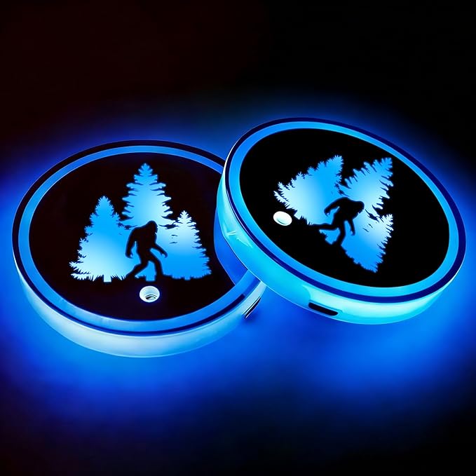 Bigfoot LED Cup Holder Lights for Car,2Pcs LED Light Up Cup Holder Coasters with USB Charging 7 Colors,Waterproof Interior Atmosphere Lamp,Car Decor Accessories Sasquatch Gifts for Women Men