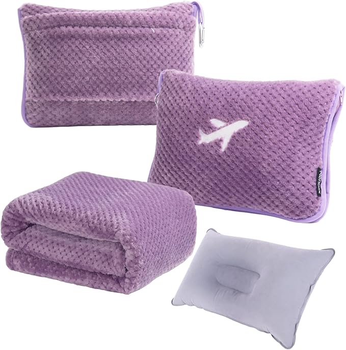 3 in 1 Travel Blanket Pillow Set - 350 GSM Thick Travel Blanket Airplane Compact with Bag, Soft Bag with a Pocket, Inflatable Travel Pillow for Camping & Car Trip (Violet)