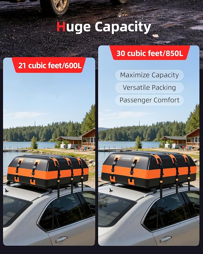 Abahub 30 Cubic Feet Waterproof 840D Large Universal Car Cargo Roof Top Carrier Bag, Car Roof Topper Storage for SUV, Van, Vehicle Travel, for All Cars with/Without Rack