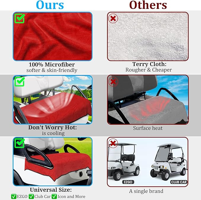 Golf Cart Seat Covers, Breathable Golf Cart Seat Towel Blanket, Keeps Seats Dry & Comfortable in All Weather, Universal 51"x30" for EZGO, Yamaha, Club Car and More 2/4-seats Cart, Red