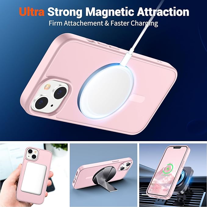 SUPFINE Magnetic for iPhone 15 Plus Case & iPhone 14 Plus Case with Screen Protector (Compatible with MagSafe)(Military Grade Drop Protection) Translucent Shockproof Phone Cover,Light Pink