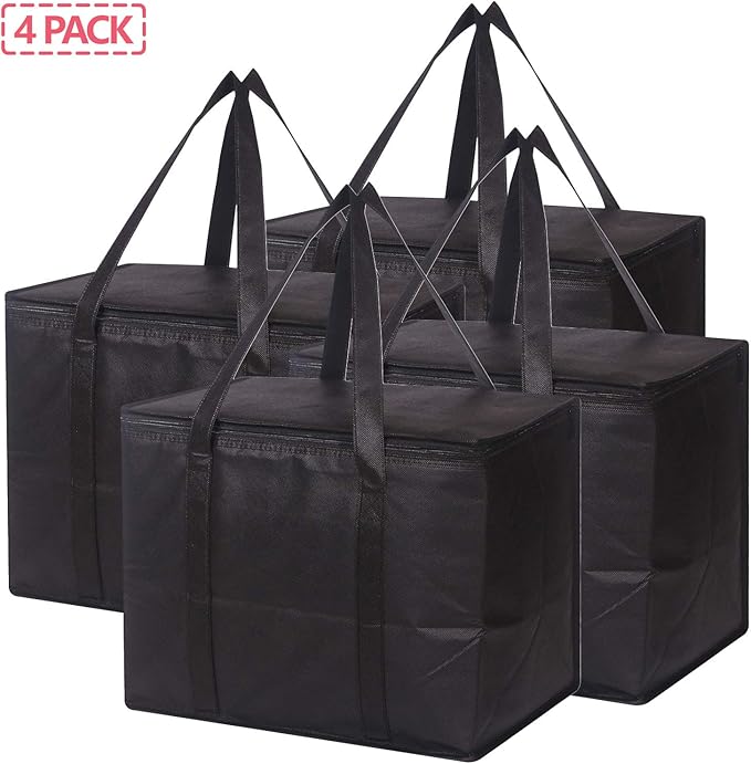 Set of 4 Large Insulated Reusable Grocery Bags with Sturdy Zipper and Handles, Foldable Washable Heavy Duty Cooler Totes for Hot or Cold Food Delivery, Groceries, Travel, Shopping