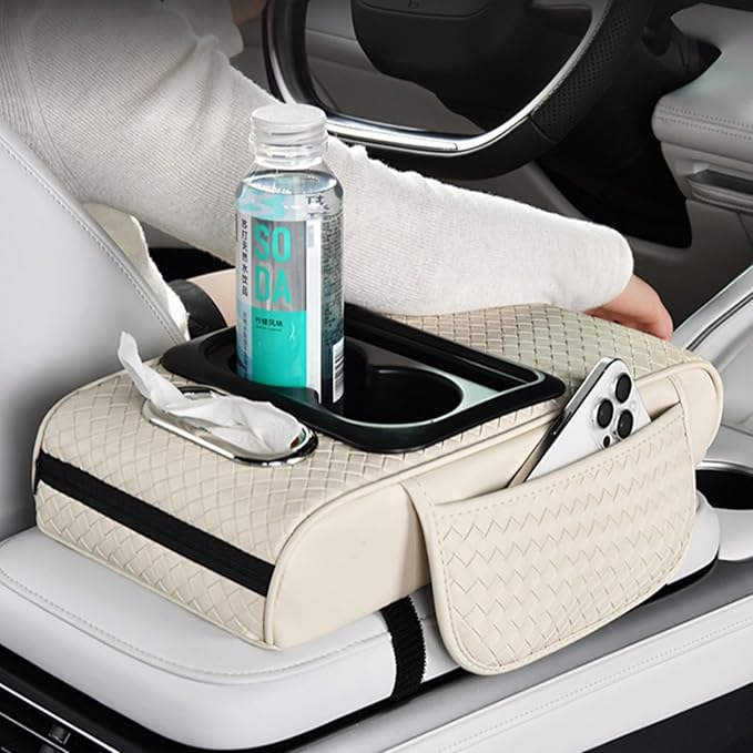 Car Armrest Cushion Cover Car Center Console Memory Foam Booster Pad with Storage Pocket and Tissue Hole for Sedan Vehicle (Cupholder - Red, 13.39 * 7.68 * 2.95'' / 34 * 19.5 * 7.5cm)