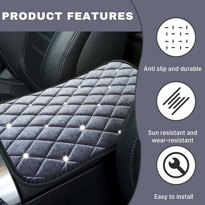Bling Car Center Console Cover, Soft Fluffy Armrest Seat Box Cushion Pad, Crystal Diamond Arm Rest Protection Mat, Automotive Interior Decoration Accessories for Most Vehicles (Gray)