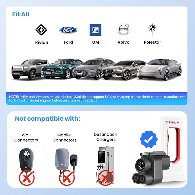 NACS to CCS1 Tesla Charger Adapter, Adapter for Tesla Supercharger, Max 500A 1000V, Fast DC Charge, Temp Control, Compatible with Ford, Rivian, GM, Volvo, Polestar EVs (Not Compatible for Nissan EVs)