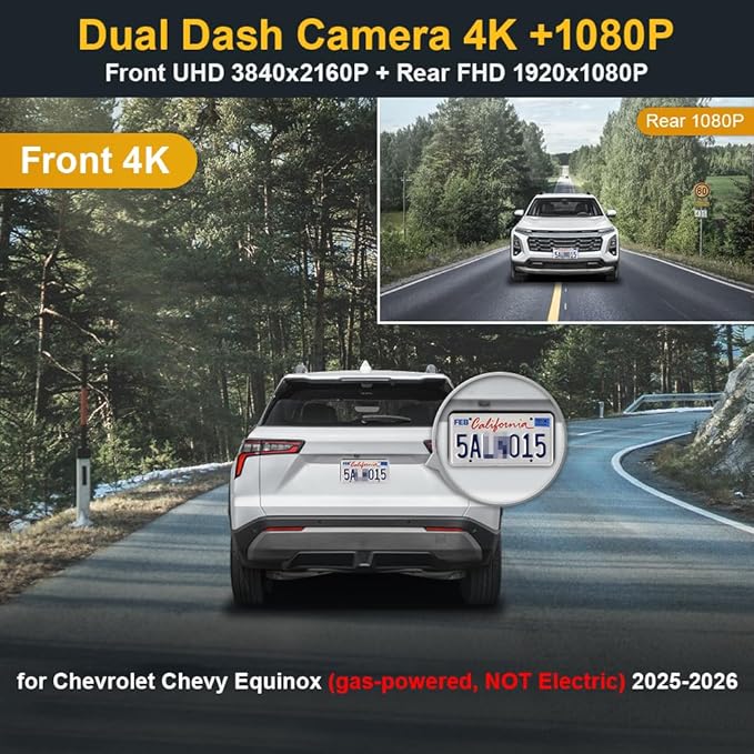 Fitcamx Front 4K+Rear 1080P Dash Cam Adapts for Chevy Equinox 2025 2026 Gas Powered (NOT EV Electric) HD2-1231, OEM Look, 2 Way HD Video, Loop Recording, WiFi & APP, G-Sensor, Easy to Use, 128GB Card