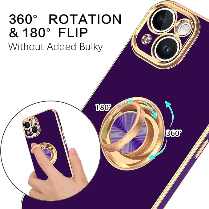 VENINGO Compatible with Apple 14 Case,Phone Case for 14,Slim Fit Soft 360° Ring Holder Kickstand Magnetic Car Mount Supported Easy Clean Shockproof Protective Cover for Apple 14 6.1", Deep Purple