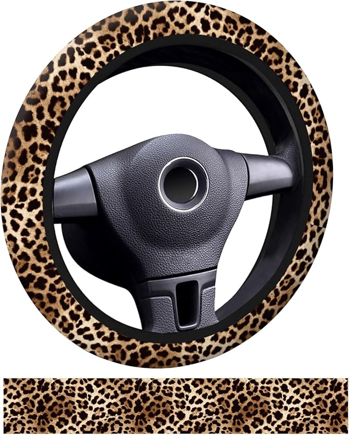Car Steering Wheel Cover, Universal 15 Inch Neoprene Non-Slip Steering Wheel Covers, Funny Car Accessories for Women Men Fit Auto, Suvs, Truck Cute Brown Leopard
