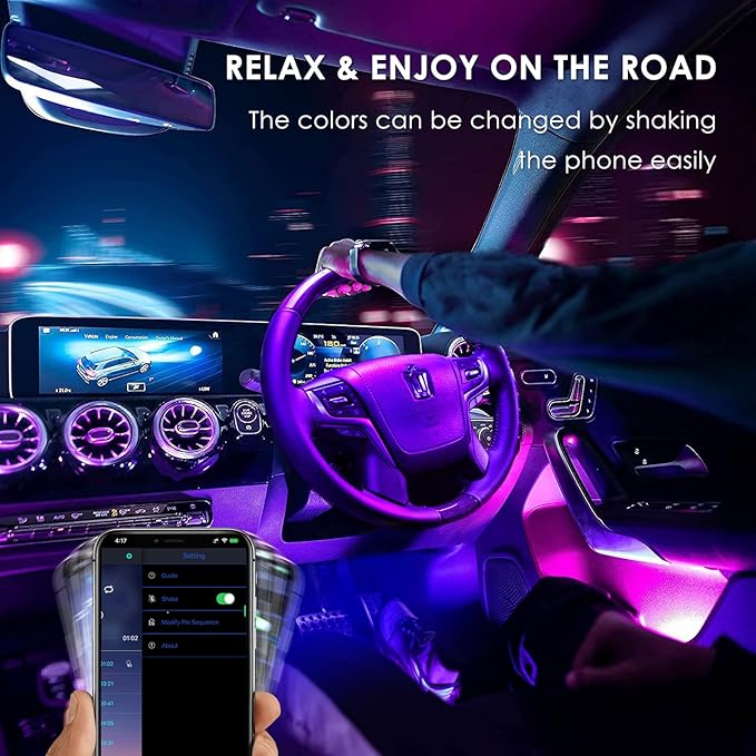 Interior LED Strip Light - 48 LED DIY 16 Million Colors, Microphone App Control, Smart Phone Music Sync RGB Under Dash Waterproof Lighting Kit with Car Charger, USB DC 12V
