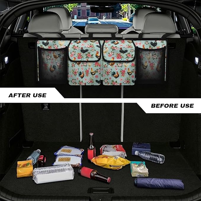 Farm Rooster Car Backseat Trunk Organizer for Women Pink Peony Flowers Hanging Car Storage Organizer with Extra Storage Space for SUVs,Trucks,Vans