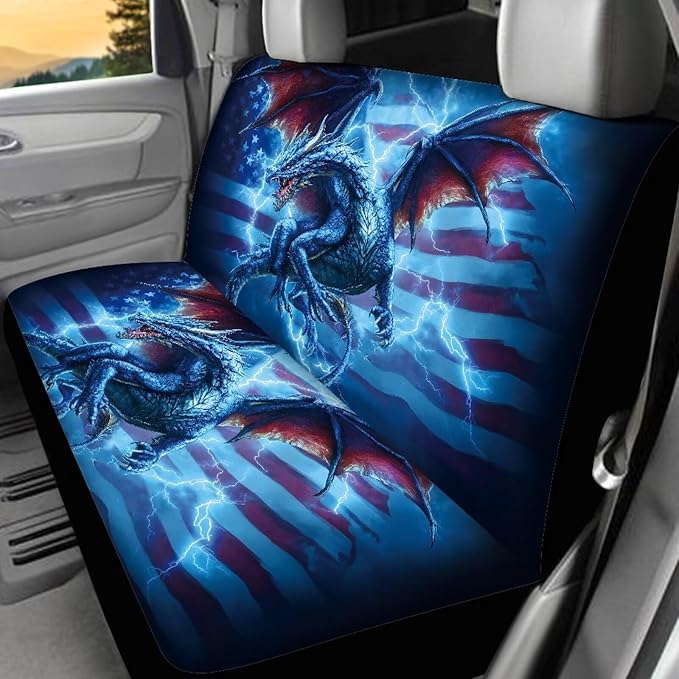 KEIAHUAN 4pcs Car Seat Covers Full Set Blue Dragon American Flag Auto Seat Cover Universal Front and Rear Seat Covers Light Breathable Automotive Interior Accessories for SUV,Sedan,Truck