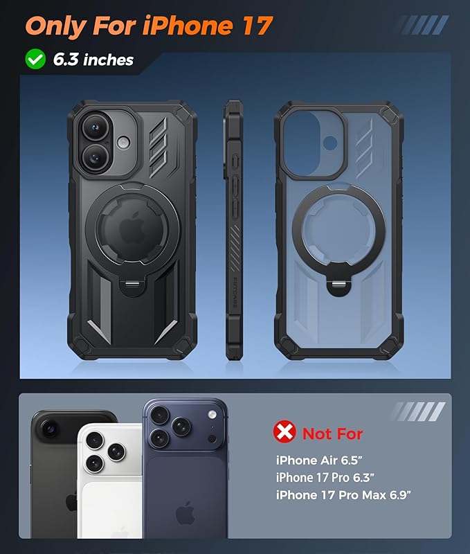 FNTCASE for iPhone 17 Phone Case: [360 Spin Magnetic Ring Kickstand] [Compatible for MagSafe] [Screen Protector] Heavy Duty Military Grade Protection Protective Phone Case with Stand Black