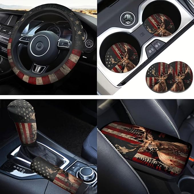 American Flag Vintage Car Steering Wheel Cover Set 6 Pcs Animal Elk Print Cup Holder Armrest Pad Gear Shift Cover,Car Handbrake Covers Auto Accessories for Men