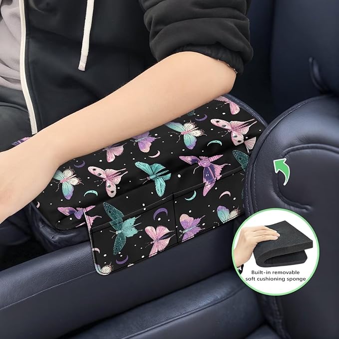 Car Center Console Pad with Pockets, Butterfly Mooon Print Car Armrest Seat Box Cushion, Car Interior Accessories, Auto Armrest Cover Protector for Most Vehicle, SUV, Truck