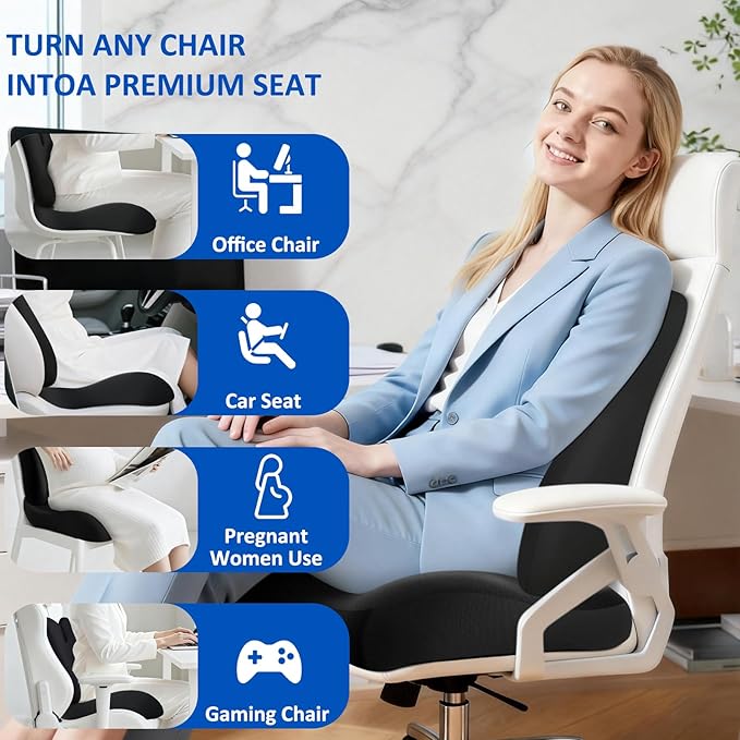 Lumbar Support Pillow for Office Chair,Seat Cushion with Back Support,Office Chair Cushion for Tailbone Pain,Sciatica and Hemorrhoid Relief (Black)