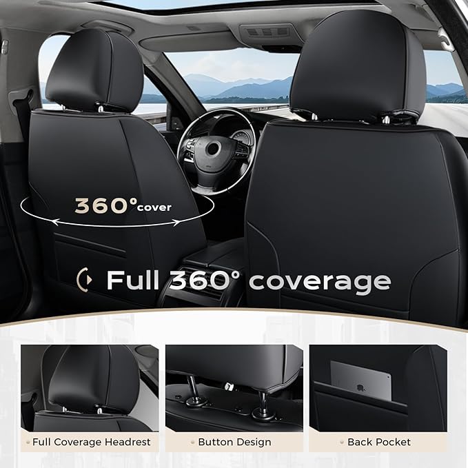 Coverado Car Seat Covers Full Set, Waterproof Nappa Leather Seat Covers for Car, Car Seat Protector with Lumbar Support, Automotive Seat Covers Universal Fit for Most Cars SUV Trucks, (Black&Purple)