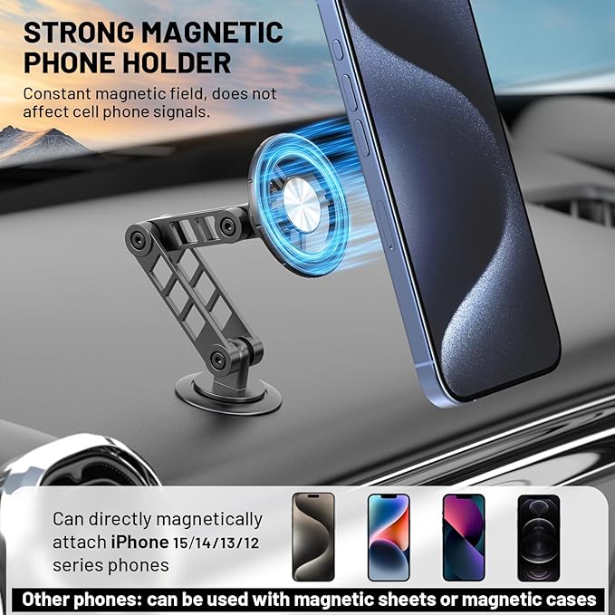 Magnetic Phone Holder for Car, Fits for Magsafe Car Mount 1080° Rotation and Foldable Strong Magnets Car Phone Holder for iPhone 16 15 14 13 12 Pro Max Car Accessories