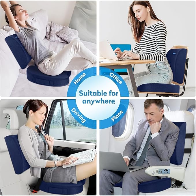 CloudBliss Lumbar Support Pillow & Seat Cushion Set for Office Chair, Desk Chair, Wheelchair & Car – Memory Foam Back Support, Ergonomic Chair Cushions, Sciatica Pain Relief, Home Essentials, Blue