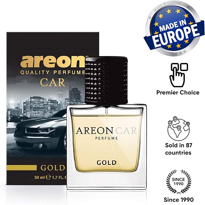 AREON Car Perfume Gold - Air Freshener in Glass Bottle - Luxury Odor Eliminator Spray with Absorber Hanging Pad - Unique Fragrance & Long-Lasting Aroma for Vehicle, Office, Home - Made in Europe, 50ml