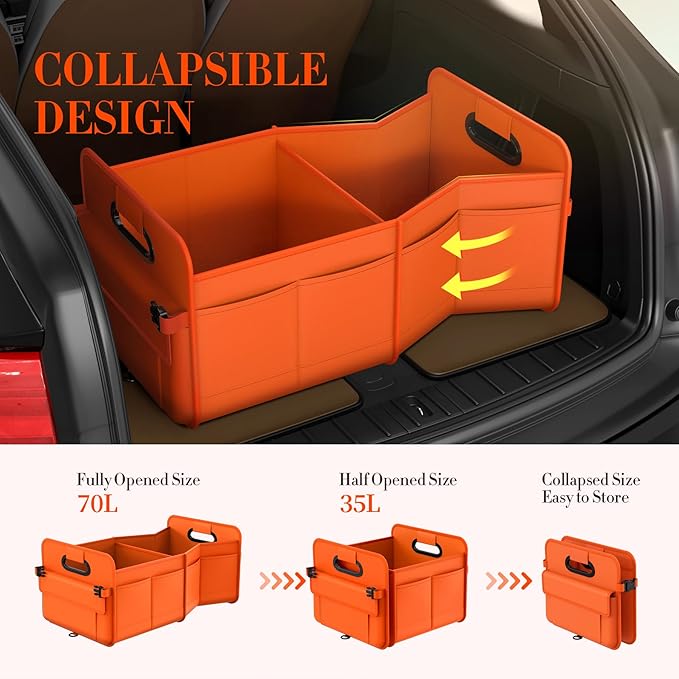 titiyiof Trunk Organizer For Suv & Sedan,Car Organizers and Storage, Waterproof Collapsible & Adjustable Straps,70L Sturdy Car Organization for Car Accessories, Tools,Sundries,2-3Compartment（Orange
