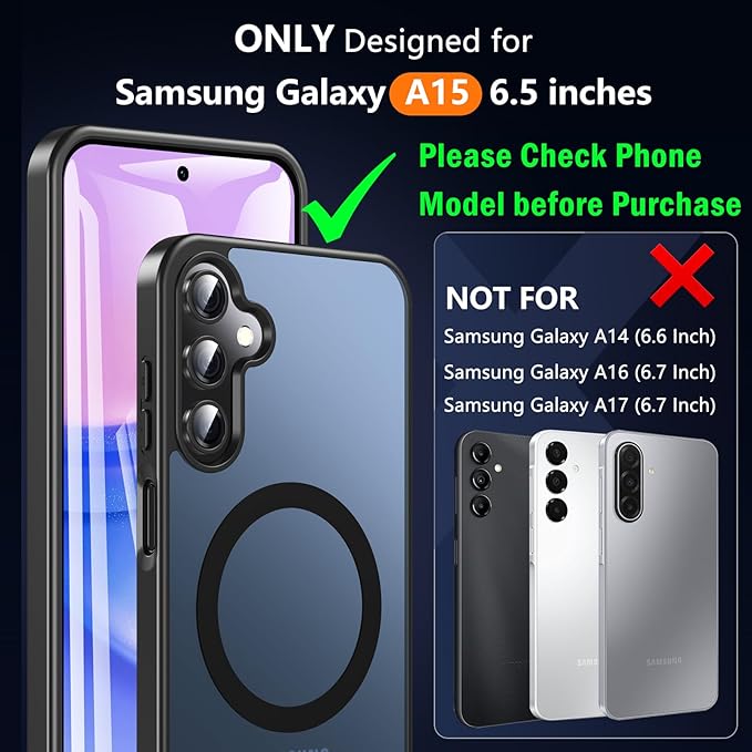 OWKEY for Samsung Galaxy A15 5G Phone Case with Screen Protector & Stand, Magnetic Case for Magsafe Military-Grade Protection Shockproof Matte Cover for Samsung Galaxy A15 5G (Black)
