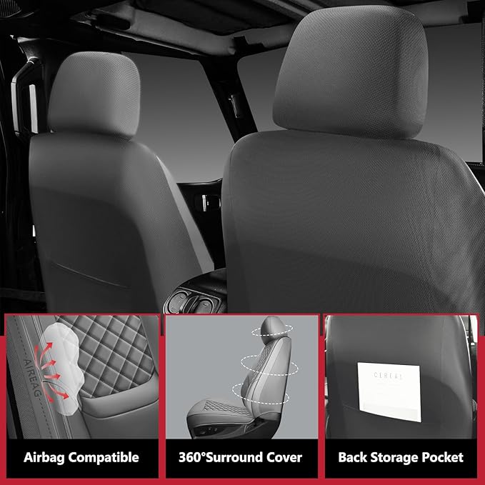 Wrangler Seat Covers 2007-2026 Front Pair, Waterproof Leather Interior Sets with Lumbar Support Custom Fit for Jeep Wrangler JK JL 2/4 Door Unlimited Sahara/Sport/Rubicon X 392 Willys, Gray