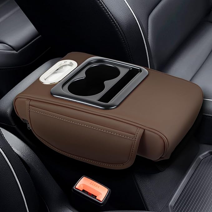 wuyaoyao Car Center Console Cover, 13.39"×8.27"×3.15" Leather Car Armrest Cover with Pocket & Tissue Box & Cup Holder, Multifunctional Auto Armrest Cushion Pad, Universal Car Accessories (Brown)