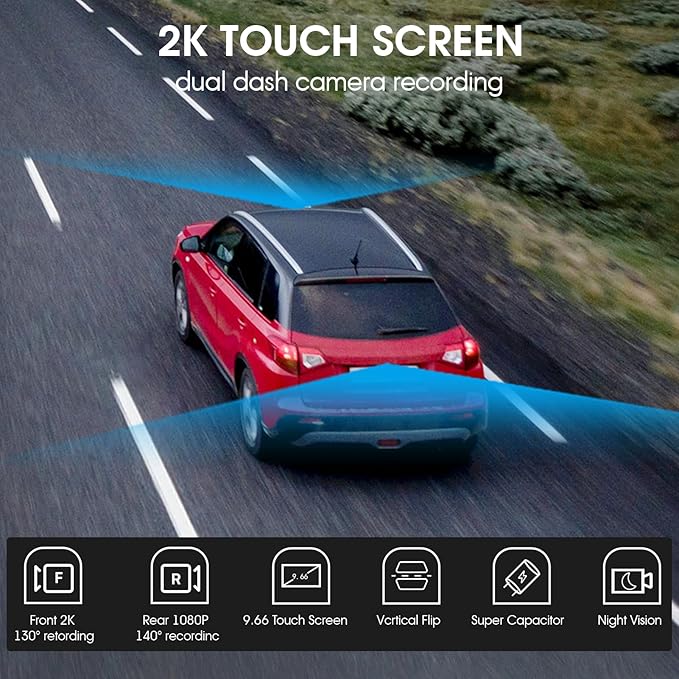 KBD Car OEM Rear View Mirror Dash Cam with SD, 2K Front and 1080P Rear 9.66'' with Back Up Camera, Touch Screen, Superior Night Vision, G-Sensor, Parking and Reversing Assistance