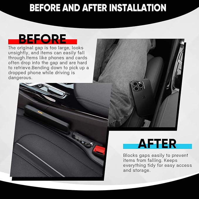 2PCS Car Seat Gap Filler Organizer, Upgrade Car Gap Filler with Fill and Storage Function for Storing Phones Keys Cards, Universal No Drop Seat Guard for Cars (Black)