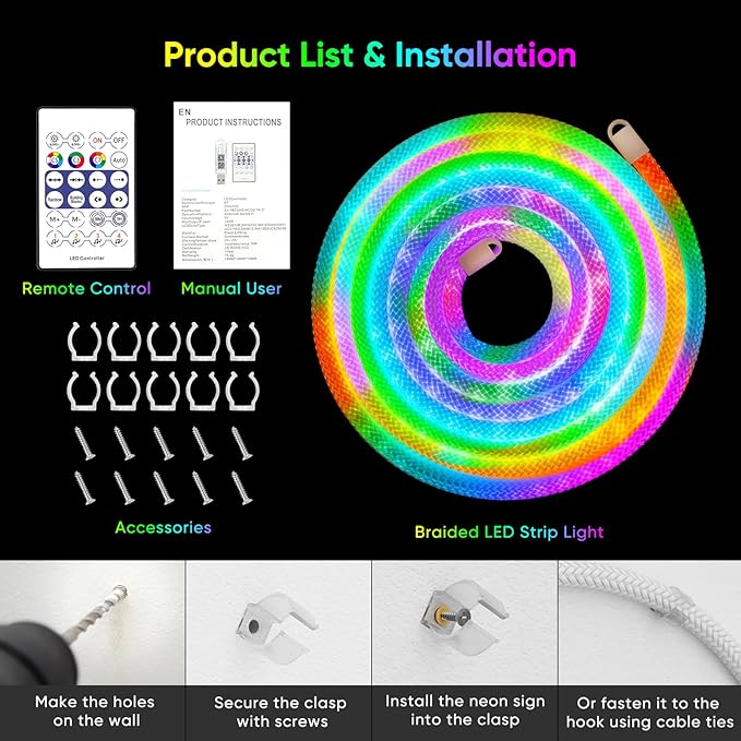 iNextStation 360° Glow USB Rope Lights 16.4FT RGB LED Lights, Braided Silicone Led Strip Lights, IP67 Waterproof, APP/Remote Control, Music Sync, Neon Lights Strip Color Changing for Outdoor/Indoor