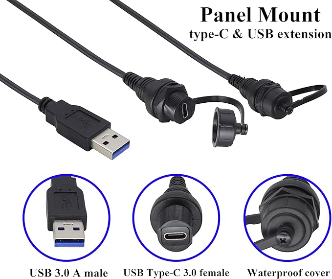 zdyCGTime Small Type C 3.0 Female to USB 3.0 A Male Car Flush Mount Cable USB A to USB Type C Waterproof Panel Mount Extension Cable, for Car Boat Truck Yacht Motorcycle.(30CM/1Ft)
