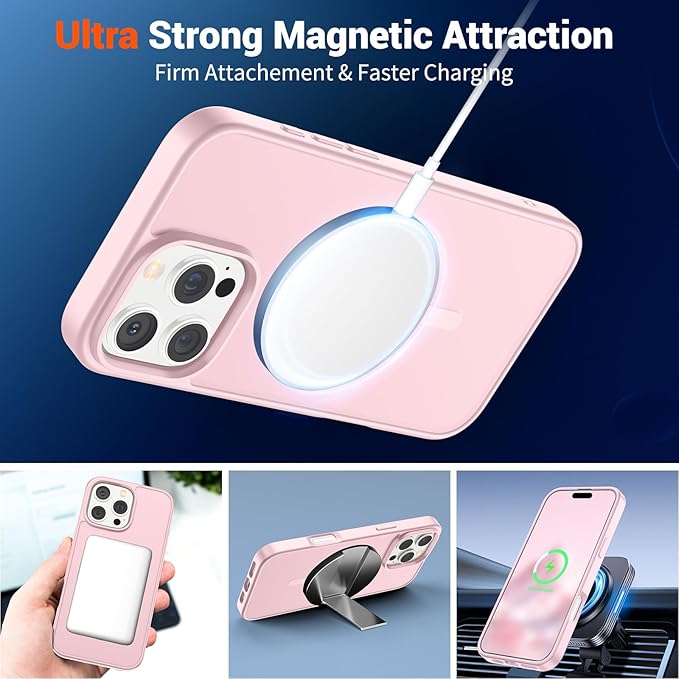 SUPFINE Magnetic for iPhone 16 Pro Max Case with Screen Protector (Compatible with MagSafe) (Military Grade Drop Protection) Translucent Matte Shockproof Phone Cover,Light Pink