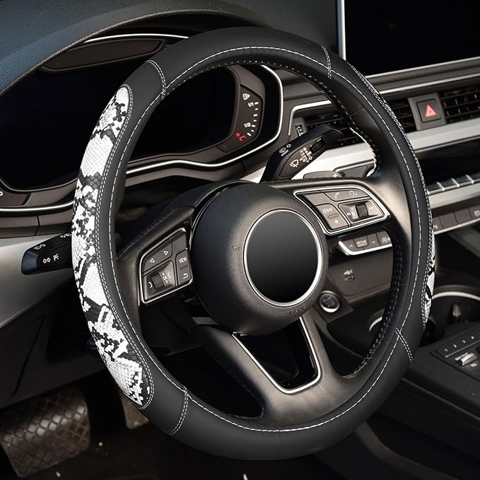 ZHOL Snake Skin Leather Steering Wheel Cover,Black and White Animal Fur Car Accessory Steering Wheel Cover,Universal 14.5-15inch,Anti-Slip Car Steering Wheel Protector for Women Men