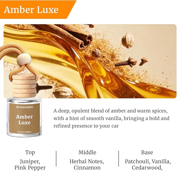 Car Air Fresheners, Aromtopia Hanging Car Fragrance Diffuser, 2 Pack, Long-lasting, Car Rear View Mirror Accessories, Automotive Odor Eliminator - Amber Luxe Scent