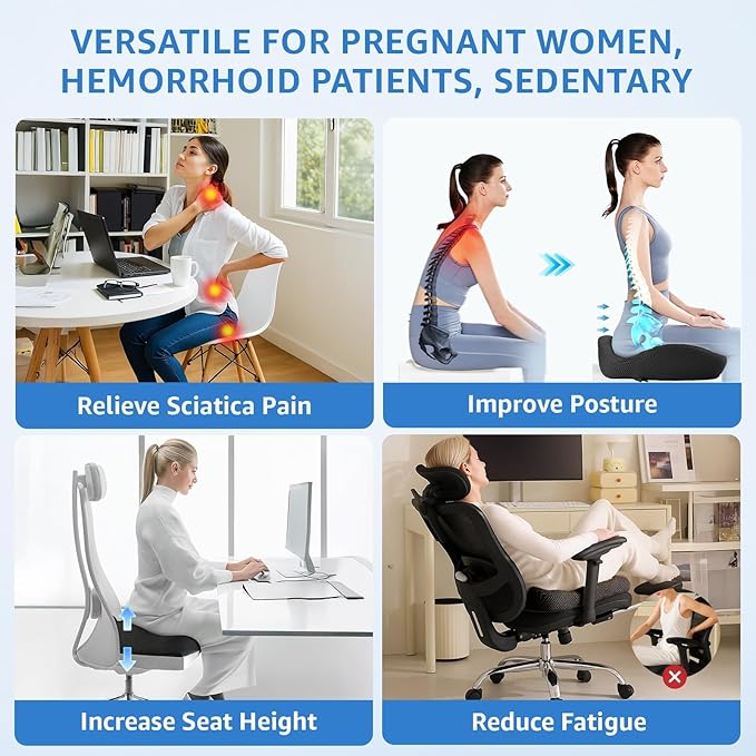 Sytopia Extra Large Office Chair Cushion, 19" x 17" Ergonomic Memory Foam Seat Cushion, Pressure Relief for Tailbone Pain, Sciatica & Hip Pain, Booster Pad for Sitting & Driving, Black