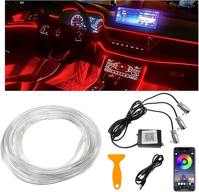 Interior Car LED Strip Lights with APP Control, 3 in 1 RGB Ambient Lighting Kit with 197 inches Fiber Optic, 16 Million Colors Neon Strip USB Music Sync Atmosphere LED for Vehicles