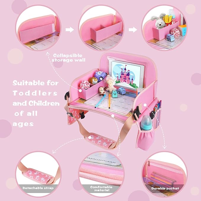 MENZOKE Kids Travel Tray for Toddler Car Seat, Road Trip Activities for Kids with iPad Holder Stand & Dry Erase Board, Road Trip Essentials Accessories Lap Tray as Travel Gifts for Kid, Pink