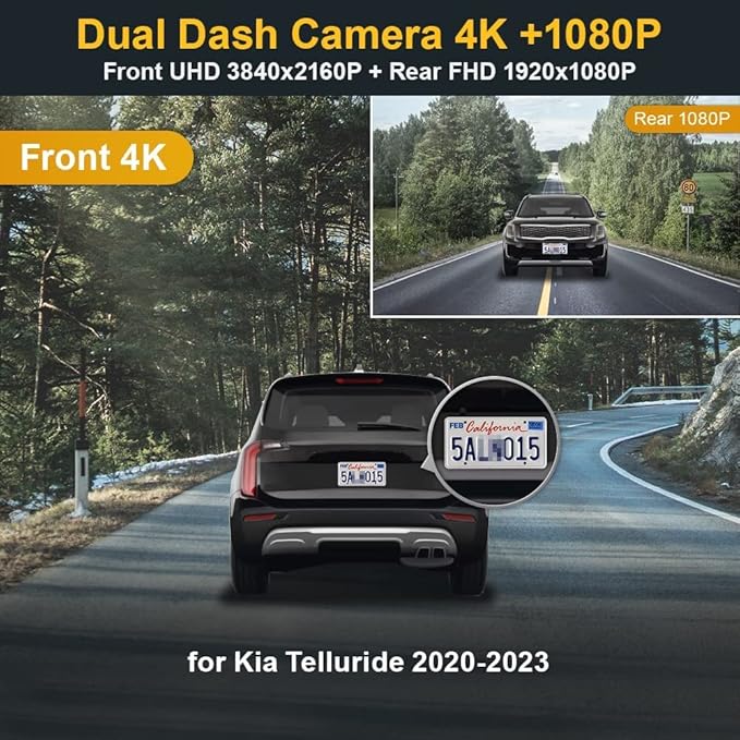 Fitcamx 4K Dual Dash Cam Suitable for Kia Telluride S LX EX SX X-pro X-Line 2020 2021 2022 (Part NO#S9000), OEM Look, Front 2160P+Rear 1080P Video, Built-in WiFi & APP, Loop Recording, G-Sensor, 128GB