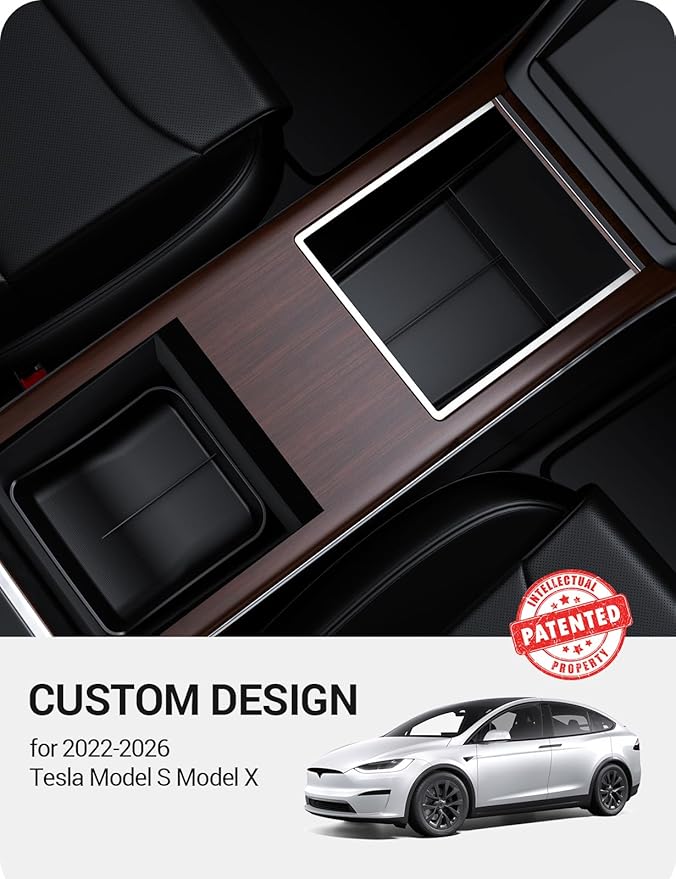 BASENOR 2022-2026 Tesla Model S Model X Lower Center Console Organizer Tray, Insert Compartment Under Cupholder Interior Accessories Storage, Fit Model S/Model X Refresh Plaid Long Range