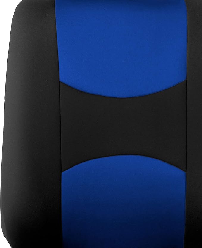 FH Group Car Seat Covers Flat Cloth Automotive Blue Full Set, Rear Solid Bench Universal Fit Combo Steering Wheel Cover & Seat Belt Pads Car Seat Protector for Cars Trucks SUV Interior Accessories