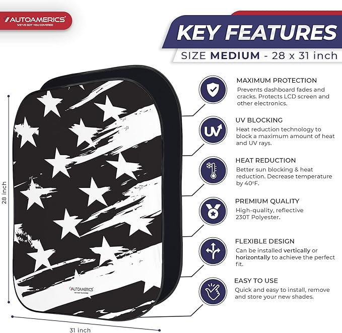 Autoamerics 2-Piece Windshield Sun Shade - B&W USA Flag Foldable Car Front Window Sunshade for Most Cars SUV Truck Heat Blocker Visor Protector Blocks Max UV Rays and Keeps Your Vehicle Cool - Medium