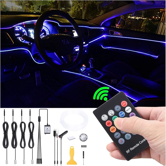 Car Ambient Lighting Optic Fiber 8 Colors Music Sound Active with RF Remote Control Car Decorative Atmosphere Lighting Kit DC 12V 1W 4m