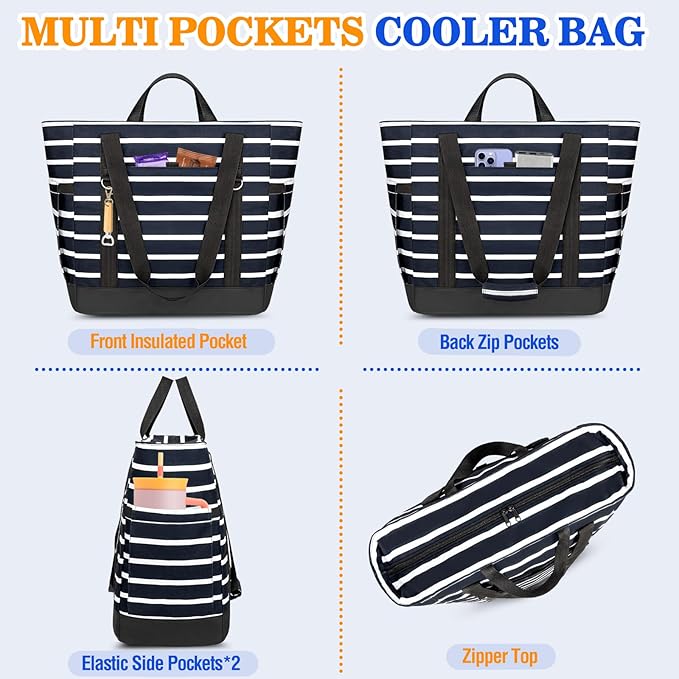 HUANLANG Soft Cooler Bag Insulated for Travel,Large Insulated Grocery Bags with Zippered Top,PEVA Collapsible Food Delivery Cooler Bag for Beach, Travel, Picnics