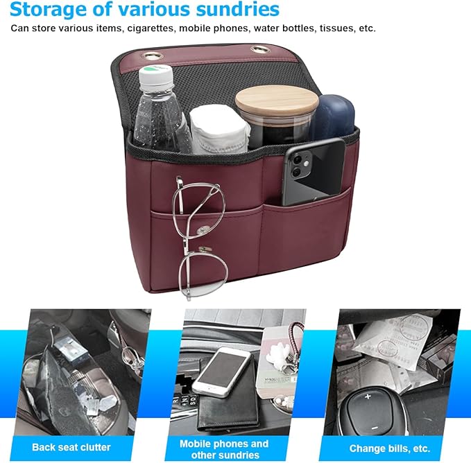 Car Seat Back Organizer, Multipurpose Leather Vehicle Backseat Hanging Bag Holder with Pockets, Large Capacity Automotive Interior Storage Box Accessories, Universal Fit (Brown Red)
